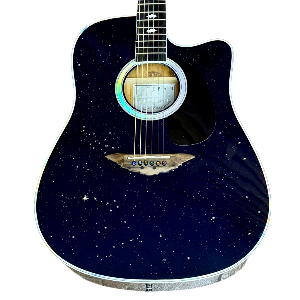 Esteban Celestial Night Limited Edition Acoustic-Electric Guitar Acoustic guitar with starry night design on a white background