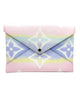 Pastel patterned envelope clutch on a light gray background