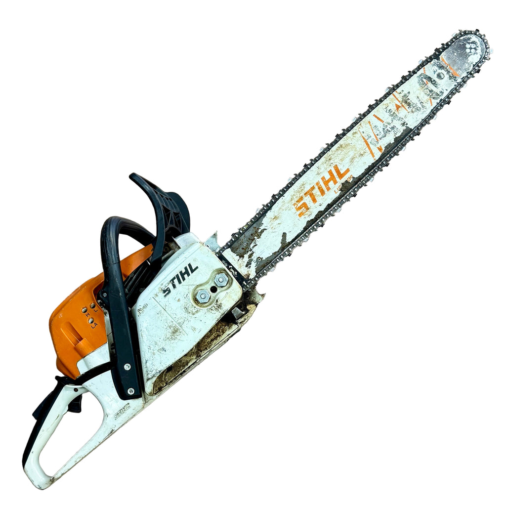 STIHL MS 291 55.5 cc 3.8 bhp 20" Guide Bar Gas-Powered Chainsaw Stihl chainsaw on a wooden floor