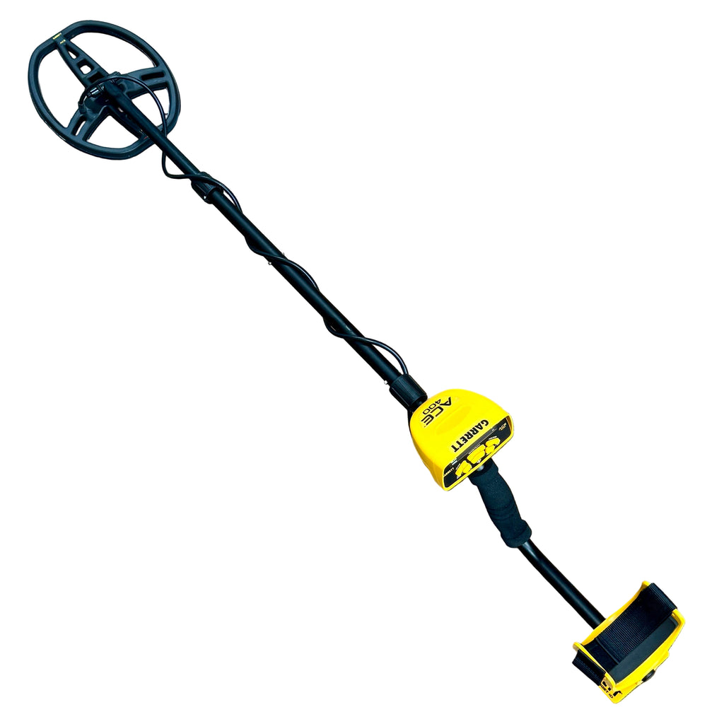 Garrett ACE 400 Metal Detector w/ Headphones Metal detector with yellow and black design on a white background