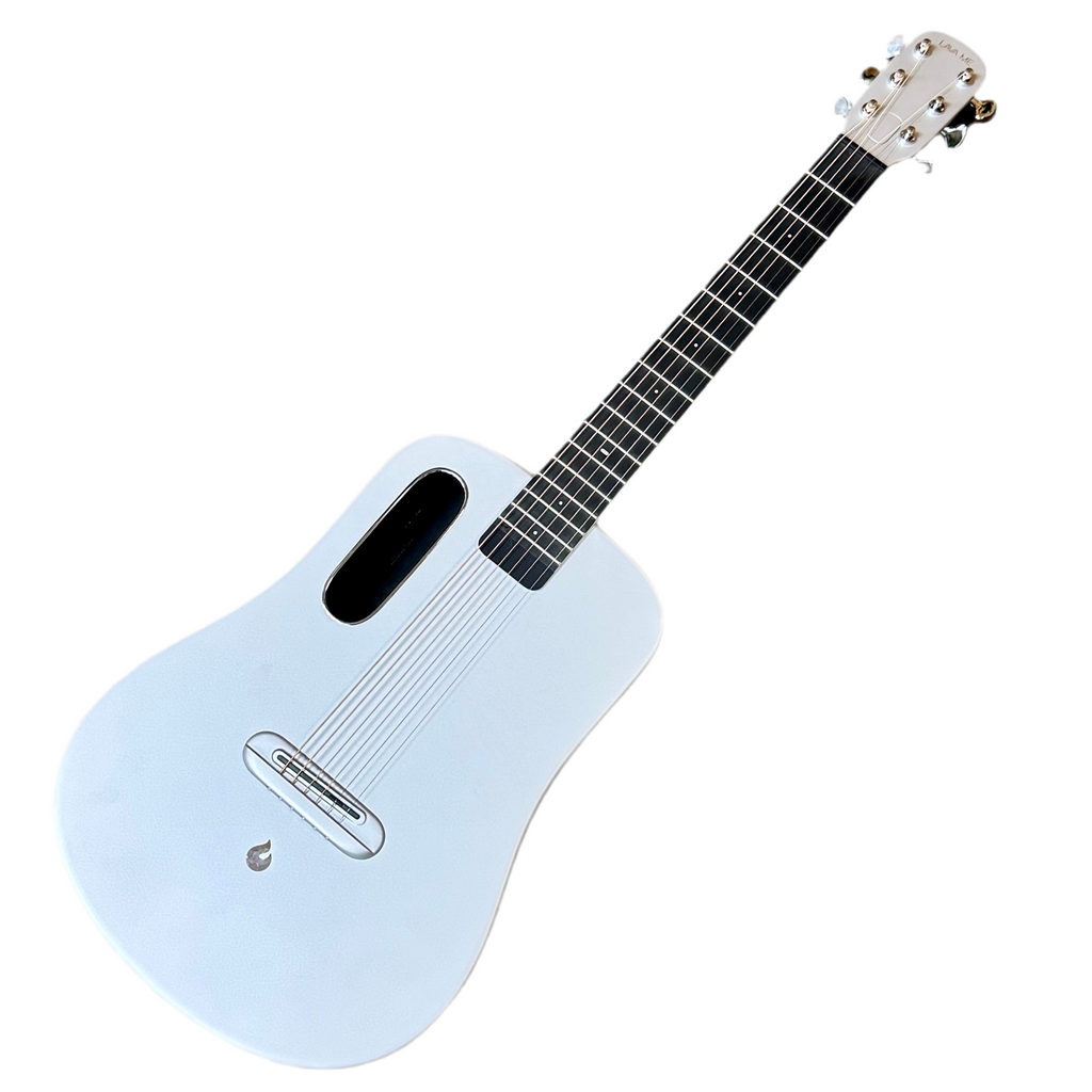 LAVA MUSIC LAVA ME Air Carbon 36" Acoustic-Electric Guitar w/ AirFlow Bag Soft Case Light blue acoustic guitar on a white background