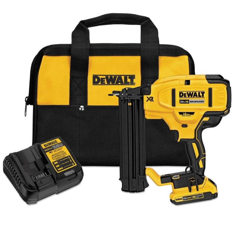 DeWalt nail gun with battery and charger on a white background