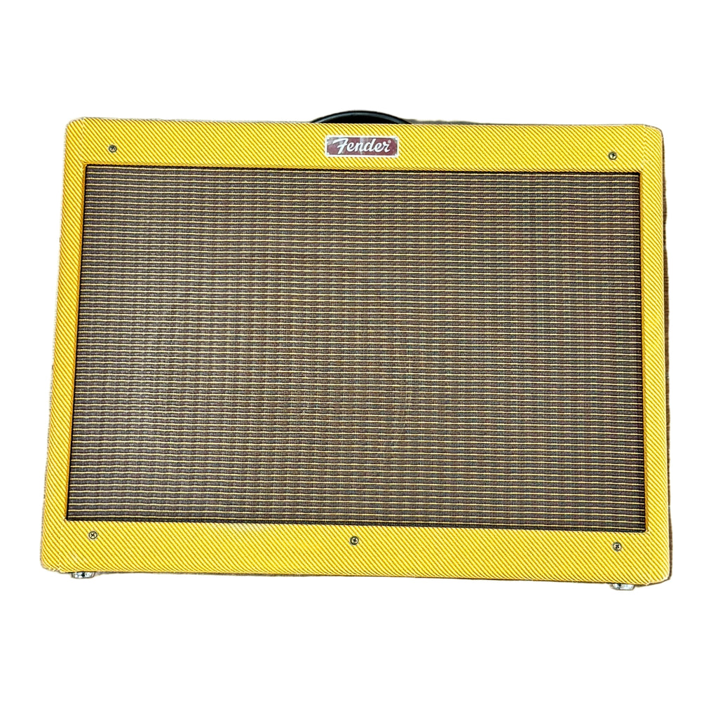 Fender Blues Deluxe Reissue Tweed Tube Guitar Combo Amplifier w/ Fender 2-Button Channel/Reverb Footswitch Yellow amplifier grille on a wooden floor