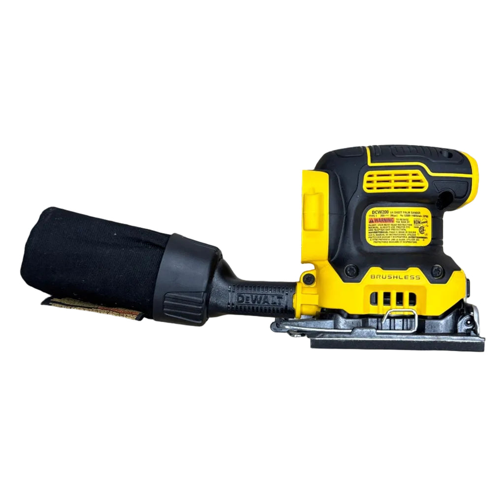 DeWalt 20V MAX XR 1/4 Sheet Brushless Cordless Variable Speed Palm Sander (DCW200) Yellow and black oscillating tool on a wooden floor