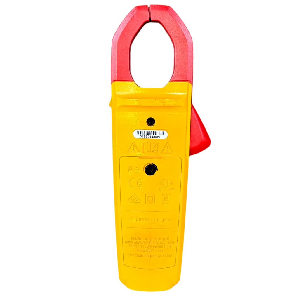 Fluke 323 400A True RMS Clamp Meter w/ Case Yellow and red clamp meter on a white background
