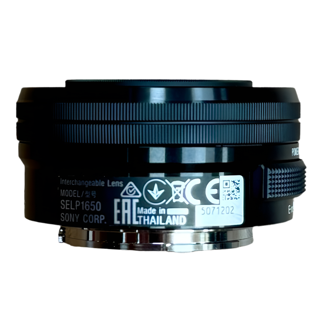 Sony E PZ 16–50mm f/3.5–5.6 OSS APS-C Wide-Angle Power Zoom Camera Lens w/Optical SteadyShot w/ Caps (SELP1650) Camera lens with branding and certification labels on a white background