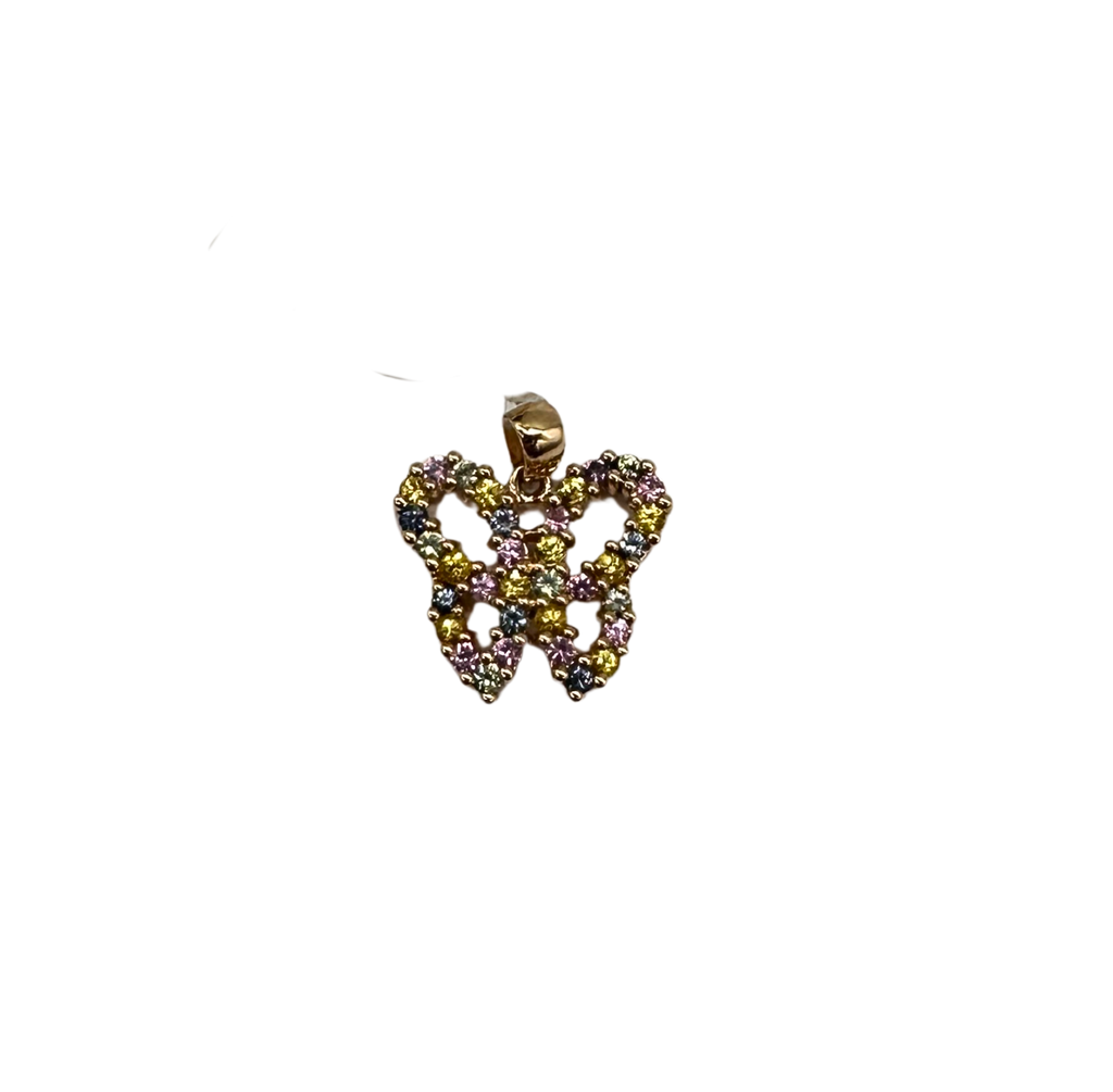 Butterfly-shaped pendant with colorful stones on a white background