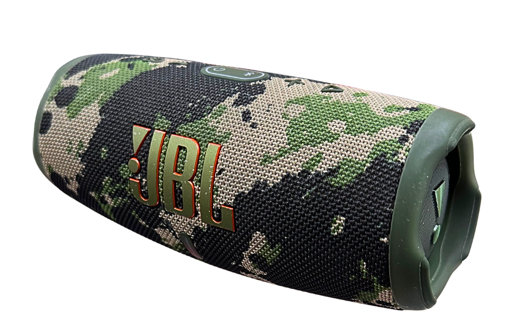 Camouflage-patterned JBL speaker on a white background