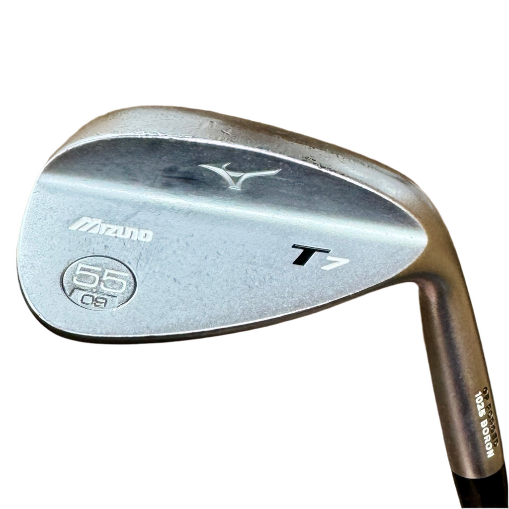 Mizuno T7 55-Degree Wedge RH Golf Club Golf club head with Mizuno branding on a white background