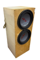 Wooden speaker enclosure with two subwoofers on a white background