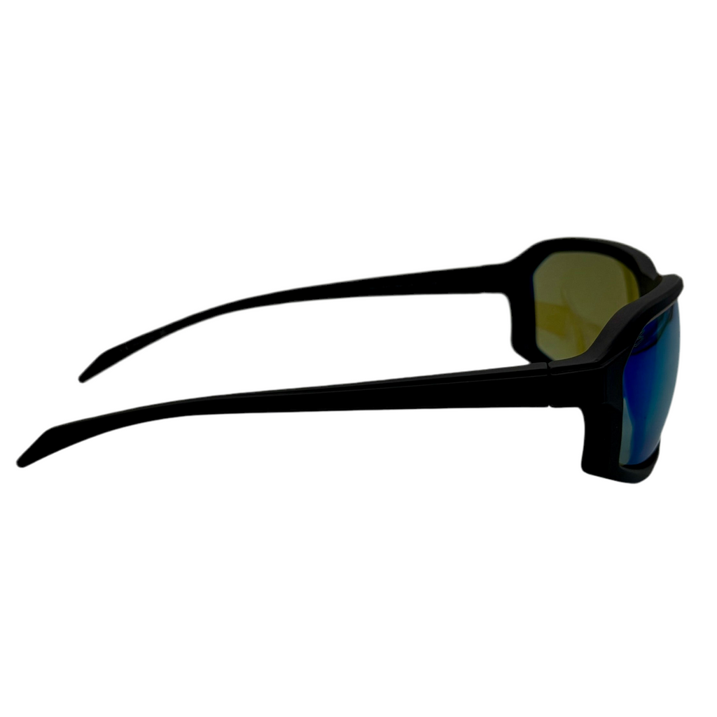 Serengeti Sport HEXT Saturn Polarized Sunglasses - Matte Black Frame w/ Blue Lenses (SS571003) Black sunglasses with reflective lenses on a white background