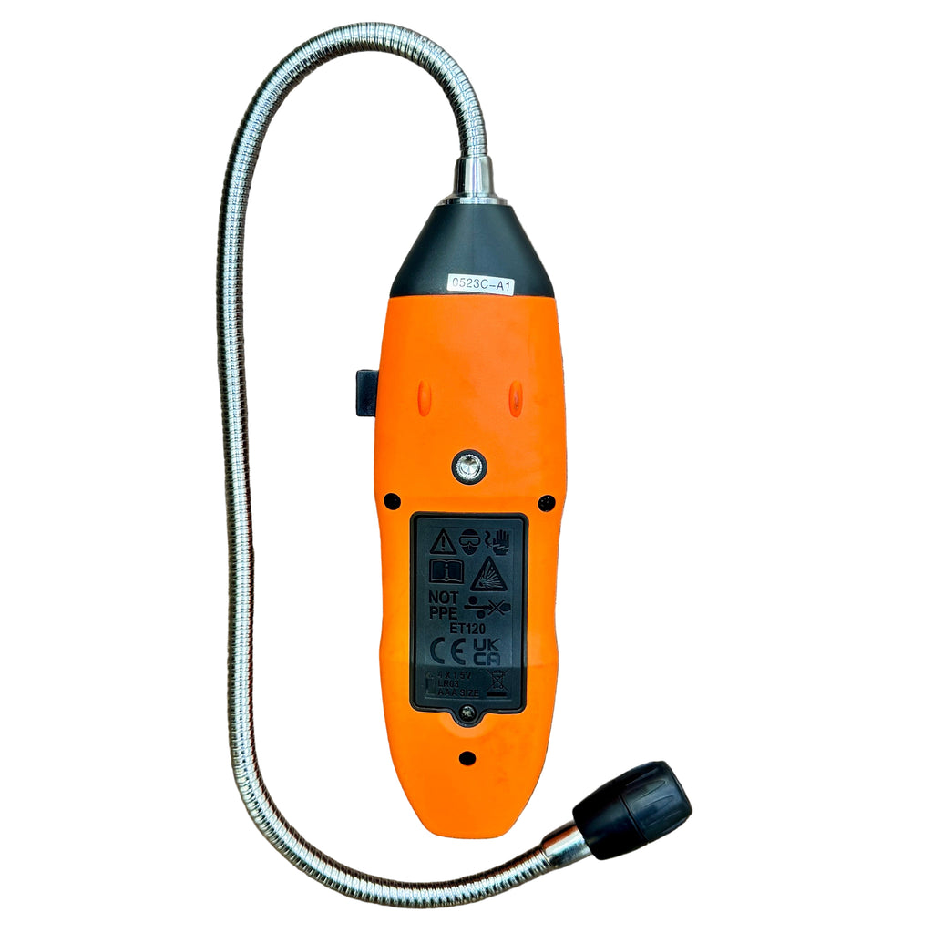 Klein Tools ET120 Combustible Gas Leak Detector Tester w/ Case Orange gas detector with a flexible hose on a wooden surface