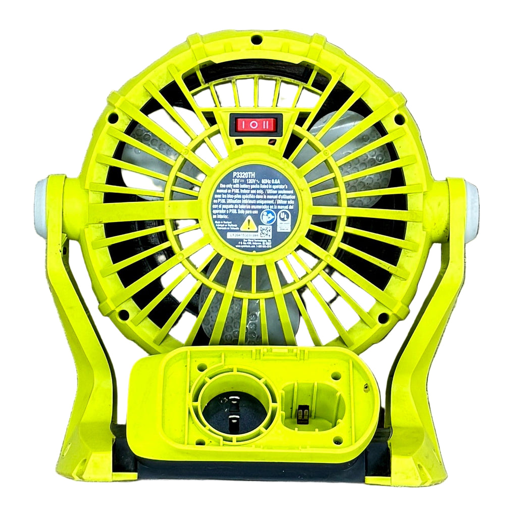 RYOBI ONE+ 18V Hybrid Portable Fan w/ Battery (P3320TH) Yellow handheld fan with a visible brand logo on a white background