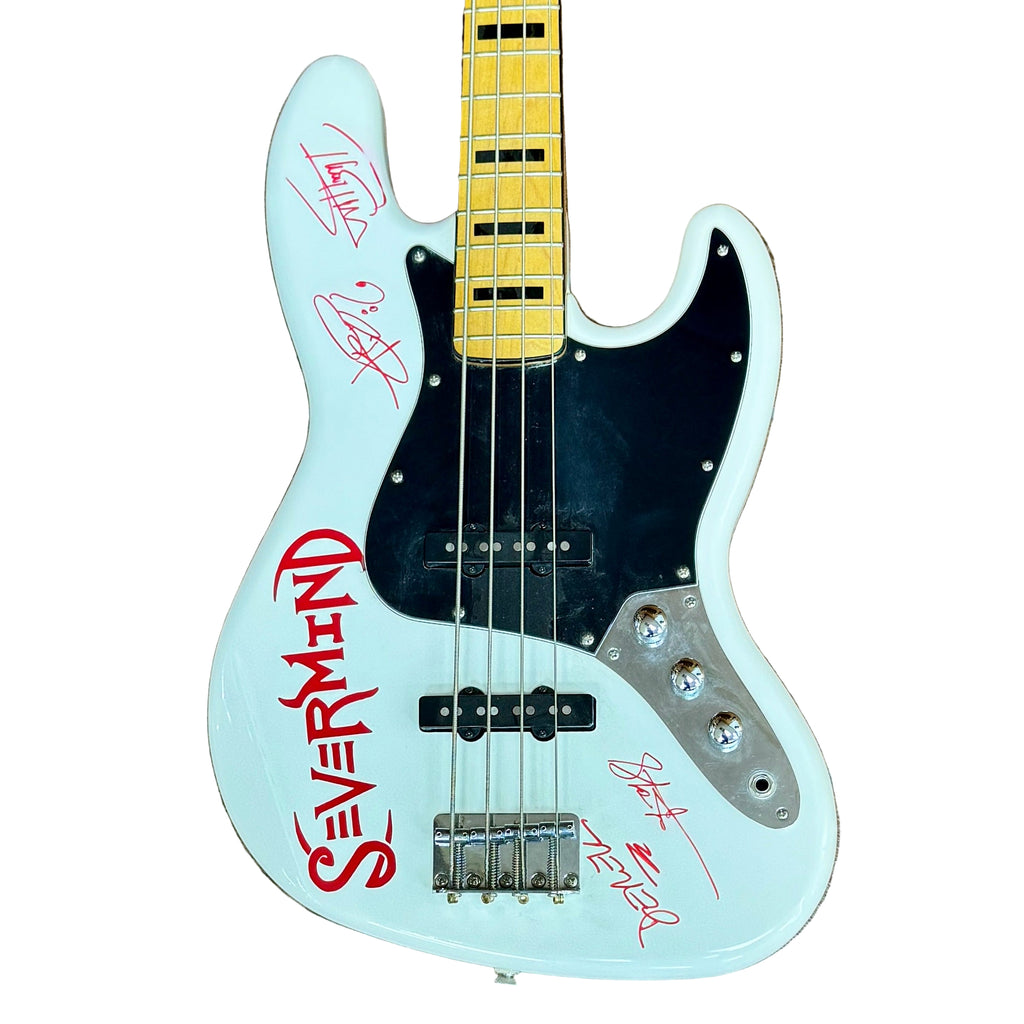 Fender Squier Jazz Bass Electric Bass Guitar w/ Hard Case White bass guitar with red text on a wooden floor