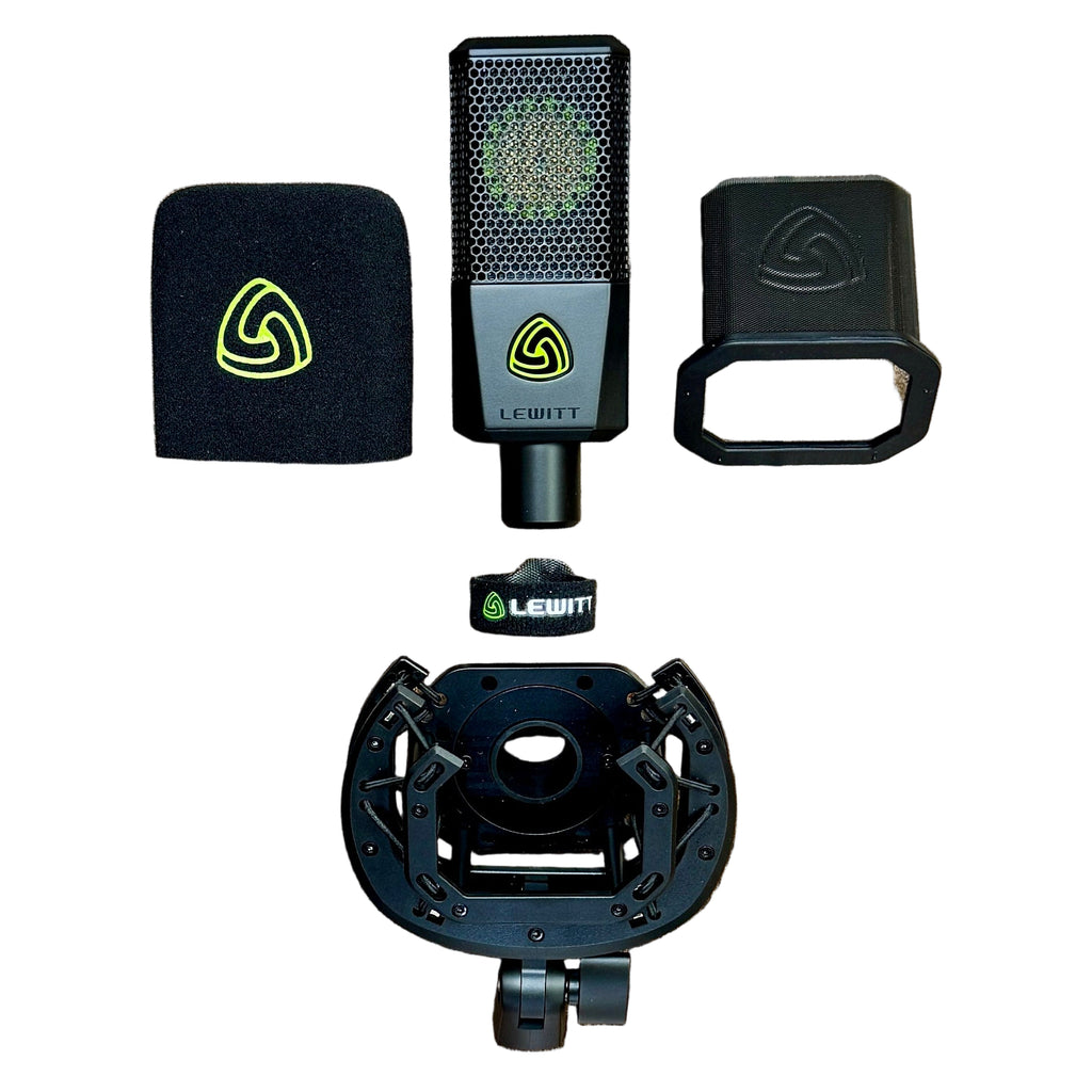 LEWITT LCT 441 FLEX Large Diaphragm Condenser Microphone w/ Accessories Set of audio equipment including a microphone and two stands on a wooden surface