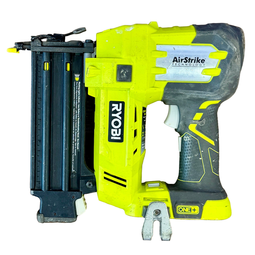 RYOBI ONE+ AirStrike 18V 18-Gauge Cordless Brad Nailer w/ Battery (P320) Yellow Ryobi nail gun with a black accessory on a white background