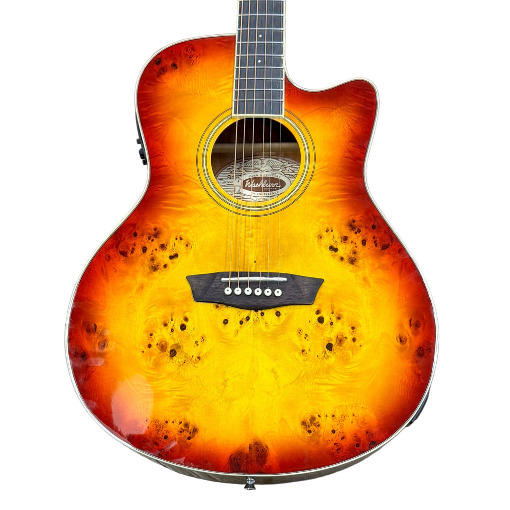 Washburn DFBACEA-U Acoustic-Electric Guitar Acoustic guitar with a sunburst finish on a wooden floor