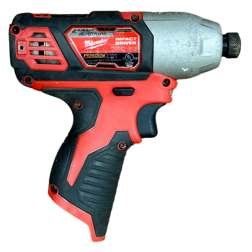 Milwaukee M12 12V 1/4" Cordless Hex Impact Driver w/ Battery & Charger (2462-20) Red and black Milwaukee impact driver on a white background
