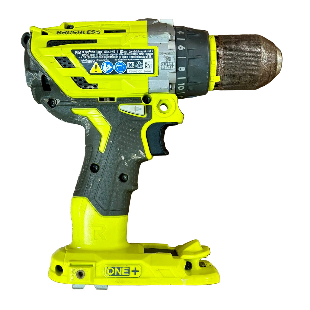 RYOBI ONE+ 18V 1/2" Brushless Cordless Hammer Drill/Driver (P251) Yellow and gray cordless drill on a wooden surface