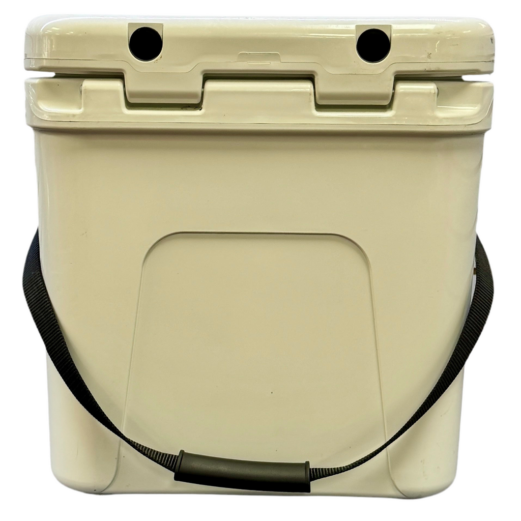 YETI Roadie 24 Hard Cooler - White Beige cooler with a black strap on a white background