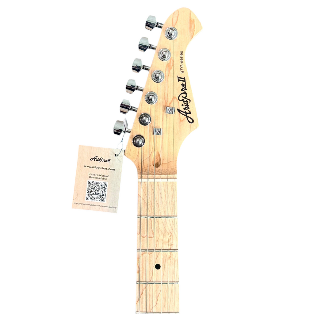 Aria Pro II STG-Series STG-003 Electric Guitar headstock with brand name on a white background