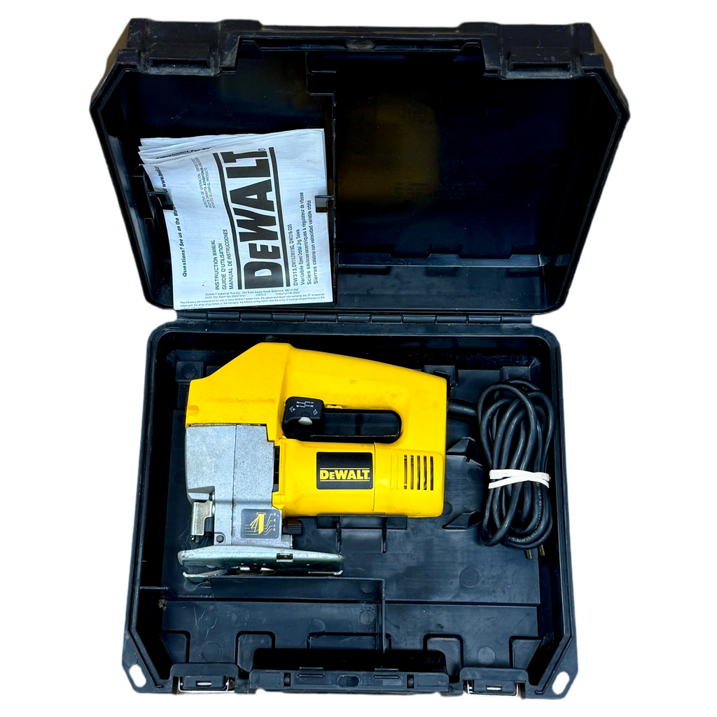 DeWalt jigsaw in a black carrying case with a white background