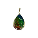 14K Yellow Gold Openwork Bordered Large Pear Ammolite Pendant Teardrop-shaped pendant with multicolored stone on a white background