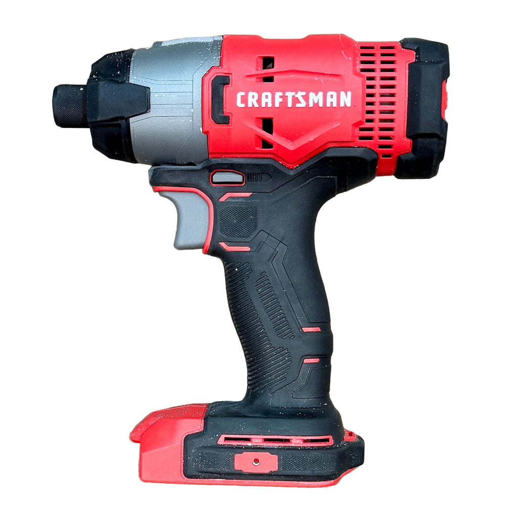 CRAFTSMAN V20 1/4" Cordless Variable Speed Impact Driver (CMCF800) Red and black Craftsman cordless drill on a wooden surface
