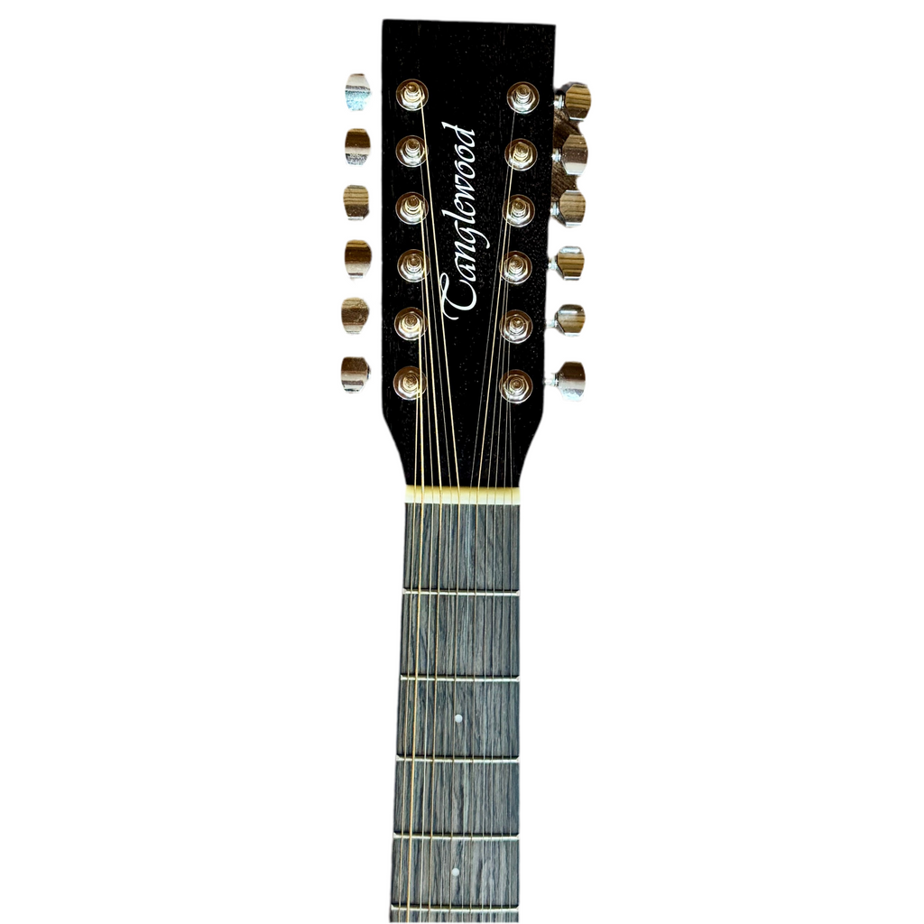 Tanglewood Blackbird TWBBSFCE12 12-String Acoustic-Electric Guitar headstock with 'Cannstard' branding on a white background