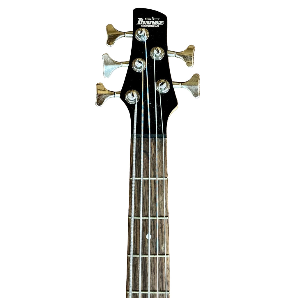 Ibanez GiO SOUNDGEAR GSR105EX 5-String Electric Bass Guitar Close-up of a guitar neck with headstock on a wooden floor