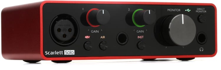 Audio interface with controls and ports on a red and black background