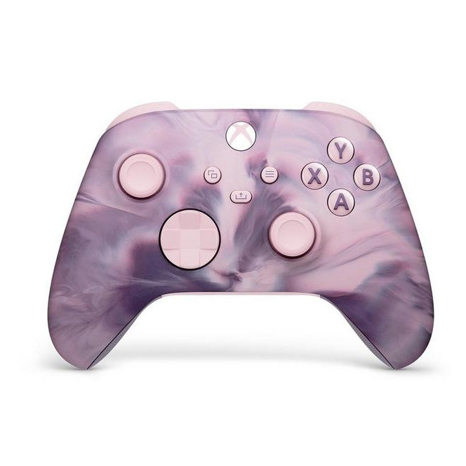 Marbled purple and pink gaming controller on a white background