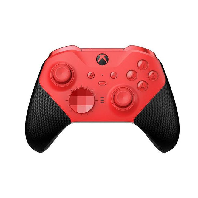 Red gaming controller with black accents on a white background