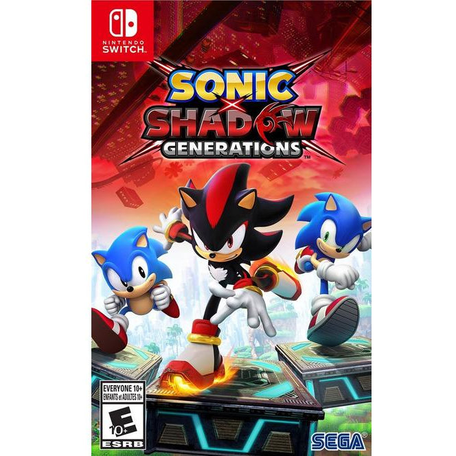Game box for 'Sonic Shadow Generations' featuring Sonic the Hedgehog on a red and blue background.