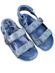 Pair of blue sandals with glittery straps on a white background