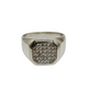 Silver ring with diamond accents on a white background