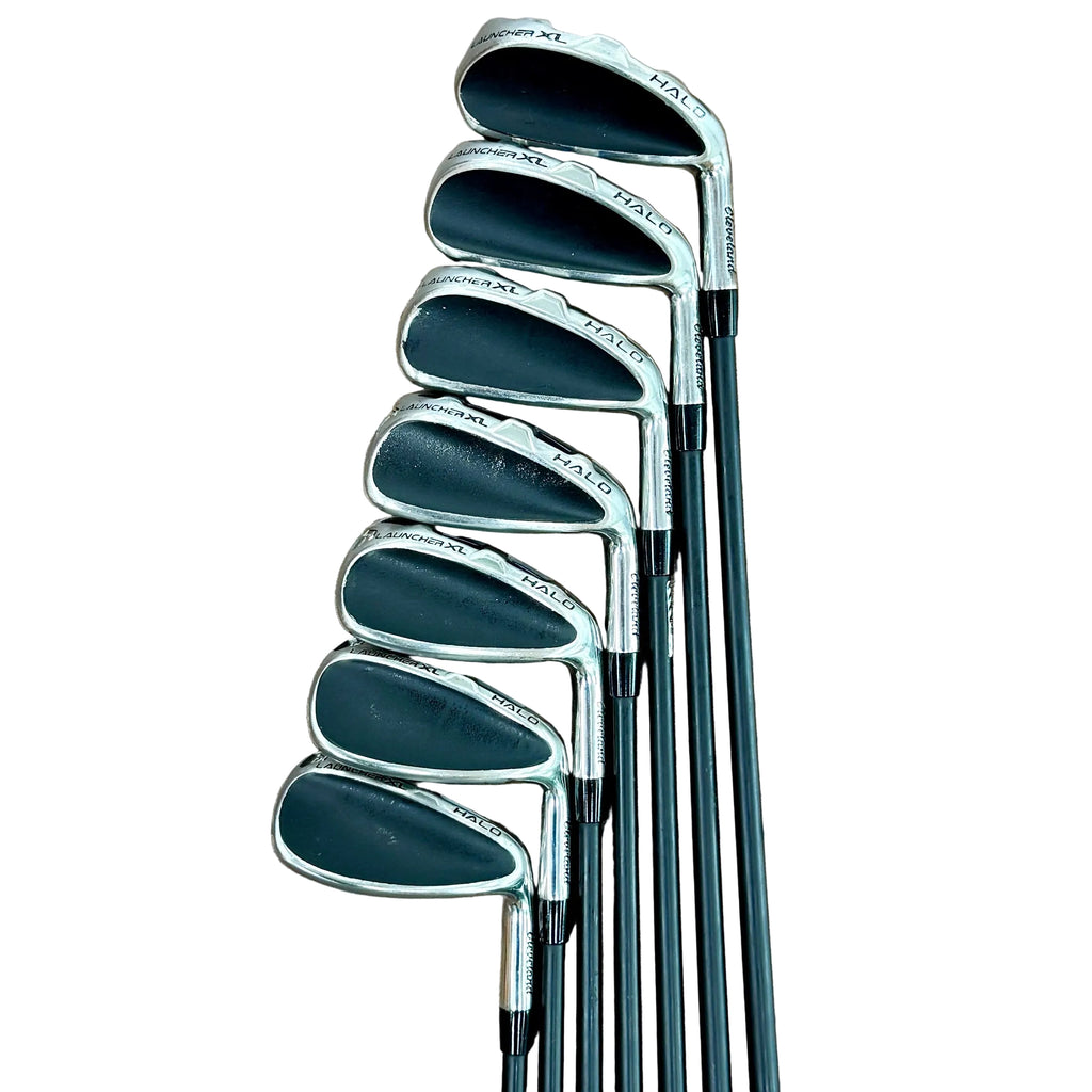 Cleveland LAUNCHER XL HALO 7-Piece Iron Set (5-9, P, D) Set of golf clubs on a wooden floor