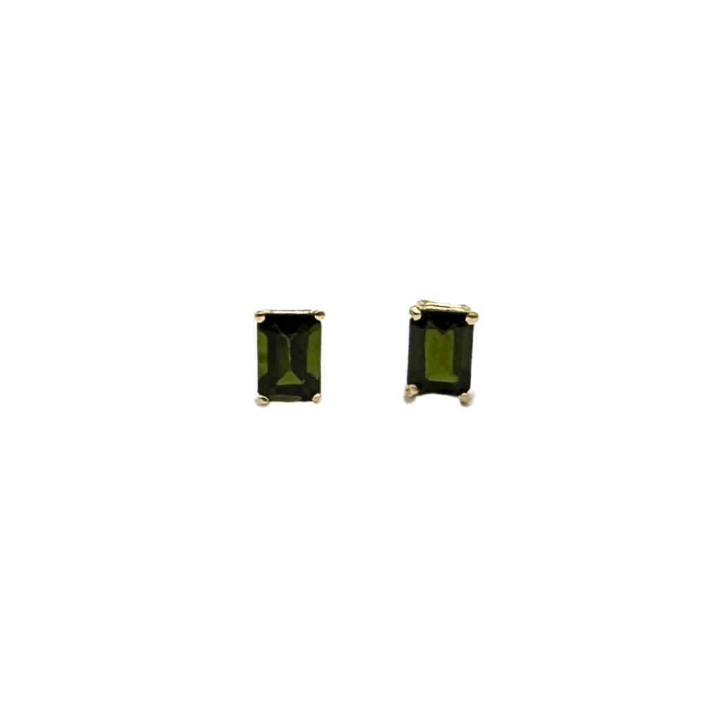 Green gemstone stud earrings on a white background