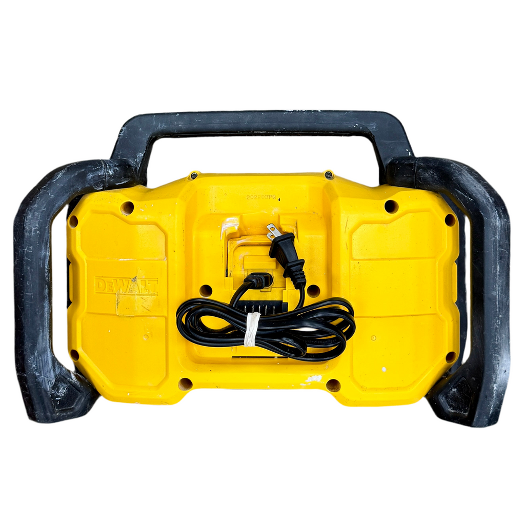DeWalt 12V / 20V MAX Bluetooth Cordless Jobsite Radio (DCR028) Yellow portable device with black handles and power cord on a white background