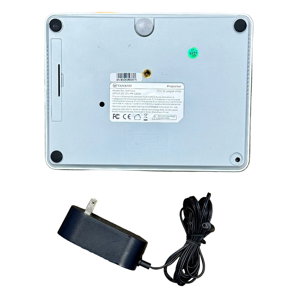 VANKYO Leisure 470W Native 720P Portable Projector with Wireless Connectivity w/ Remote (WPY014) Back view of a electronic device with power adapter on a white background