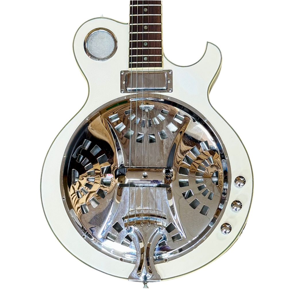 Cozart Single Cutaway Resonator Electric Guitar Close-up of a metallic resonator guitar on a white background