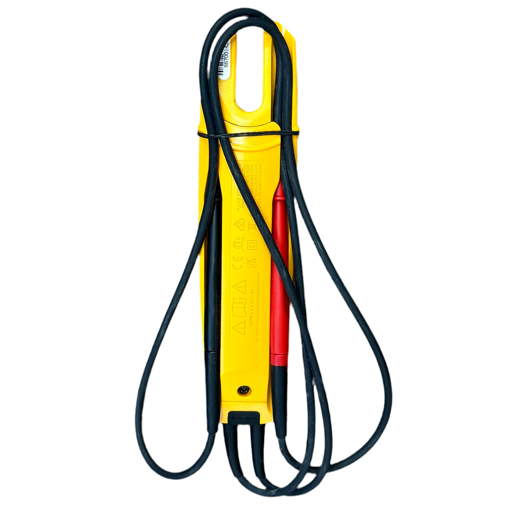 Fluke T5-600 Electrical Tester Yellow and red device with black cables on a white background