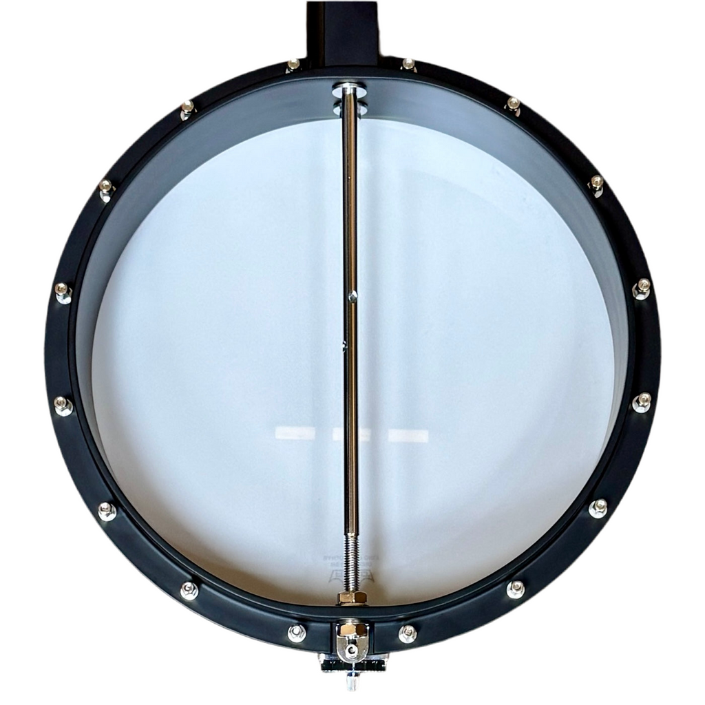 Gold Tone AC-1 Acoustic Composite 5-String Openback Banjo Round metallic object with a central rod on a white background