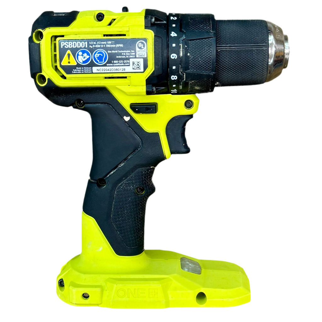 RYOBI ONE+ HP 18V 1/2" Brushless Cordless Compact Drill/Driver w/ Battery & Charger (PSBDD01) Yellow and black cordless drill on a white background