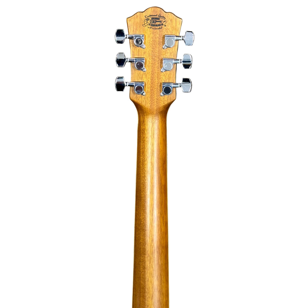 Washburn WD10SLH Left-Handed Acoustic Guitar w/ Hard Case Close-up of a guitar headstock with tuning pegs on a white background