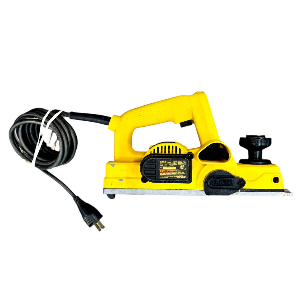 DeWalt 5.5-Amp 3-1/4" Corded Portable Hand Planer (D26676) Yellow power sander with black cord on a white background