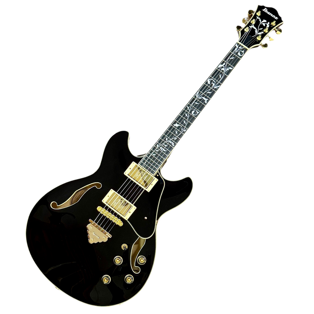 Ibanez Artcore Expressionist AS93SP Semi-Hollow Body Electric Guitar Black electric guitar with gold details on a white background