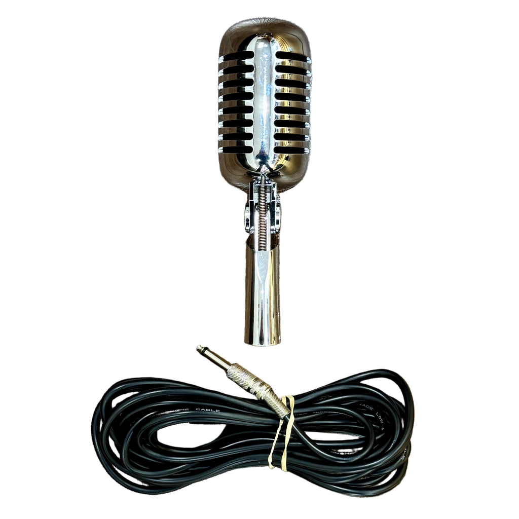 PYLE PDMICR42 Retro Cardioid Dynamic Vocal Microphone w/ XLR Cable - Silver Vintage-style microphone with a coiled cable on a white background