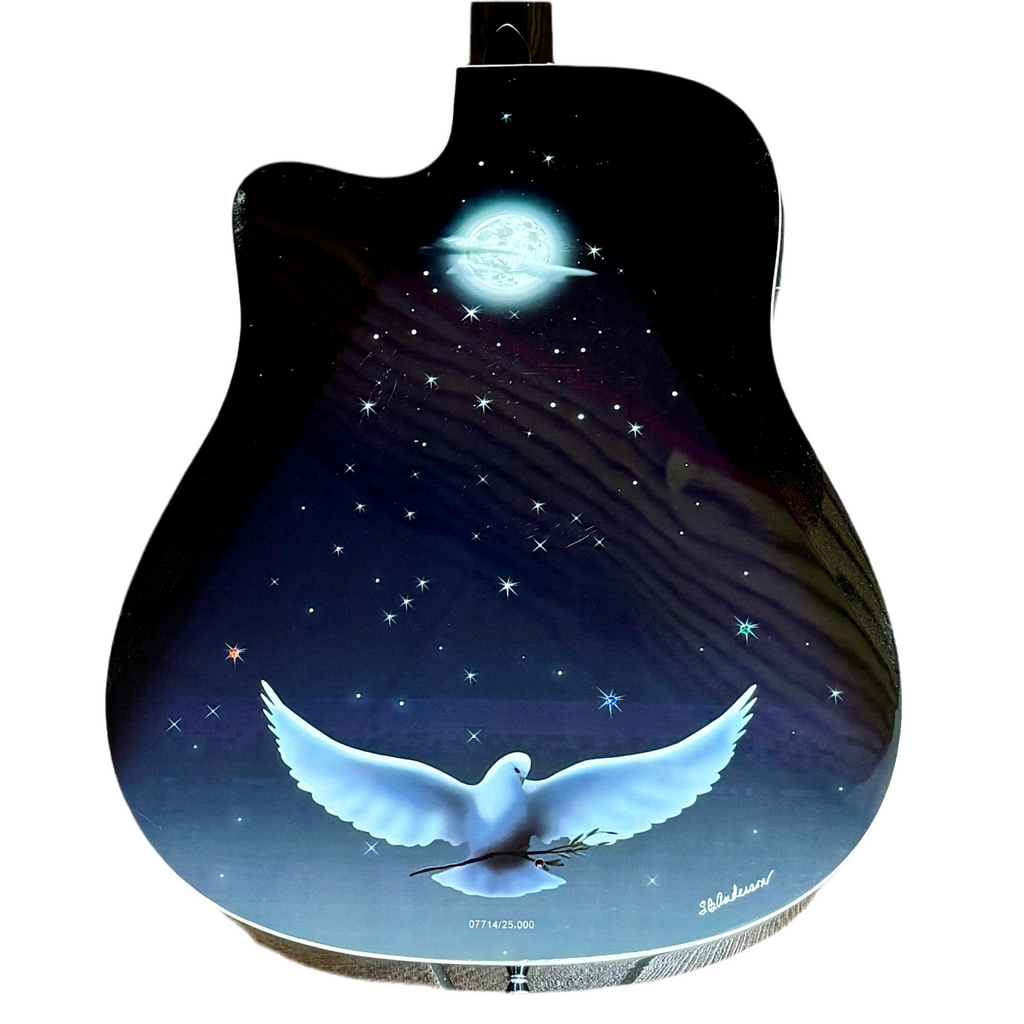 Esteban Celestial Night Limited Edition Acoustic-Electric Guitar with a celestial design featuring a dove and moon on a white background