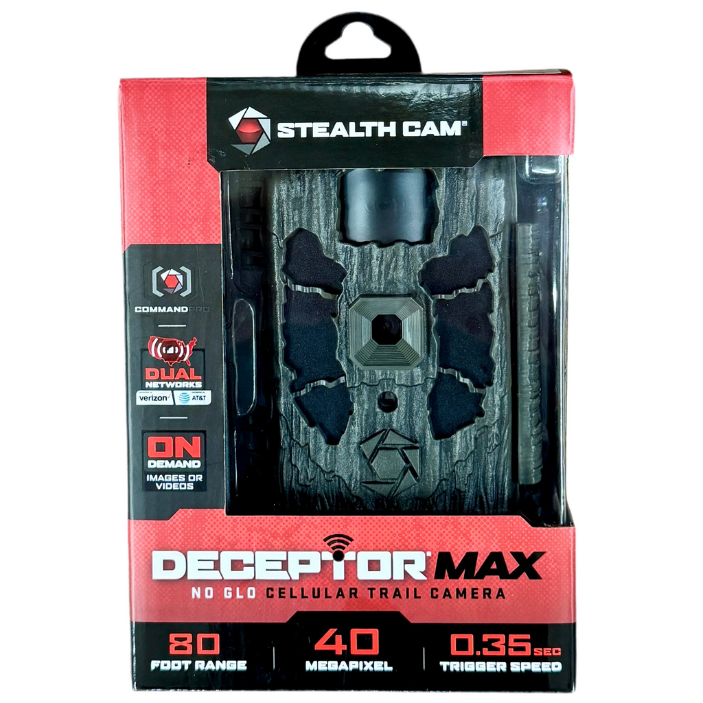 Stealth Cam DECEPTOR MAX 40 MP No Glo Cellular Trail Camera Stealth Cam Deceptor Max cellular trail camera packaging on a white background